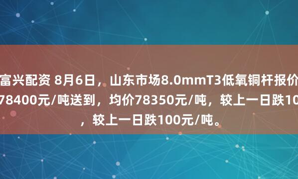 富兴配资 8月6日，山东市场8.0mmT3低氧铜杆报价78300-78400元/吨送到，均价78350元/吨，较上一日跌100元/吨。